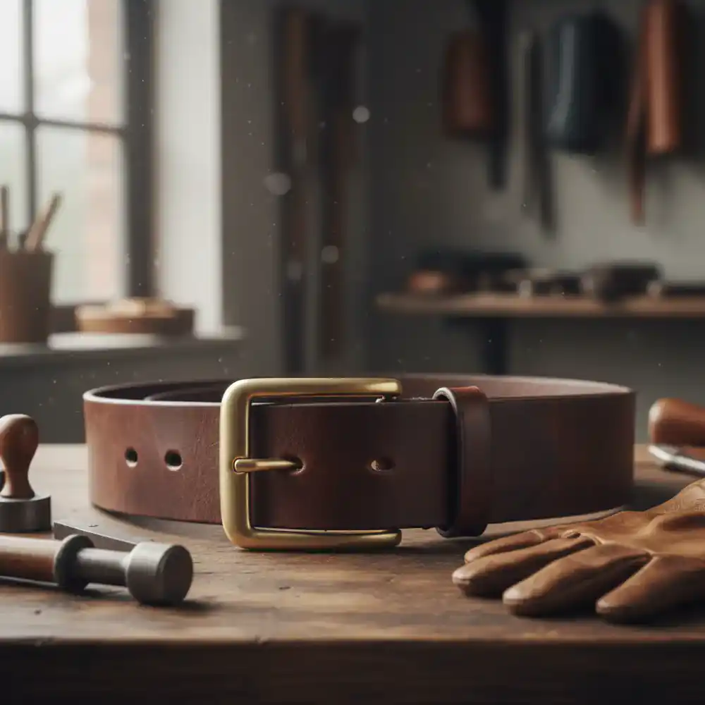 Thick leather belt with brass buckle