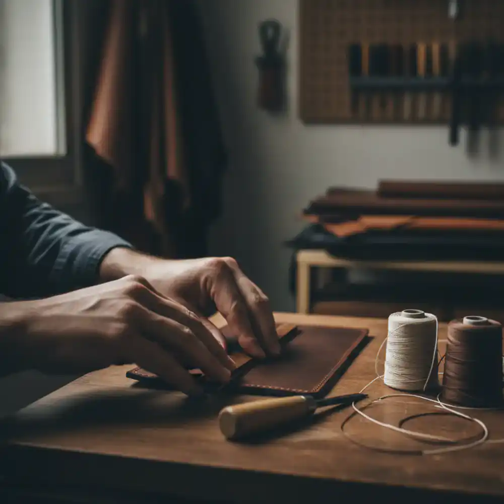 Artisan's hands working on a leather wallet
