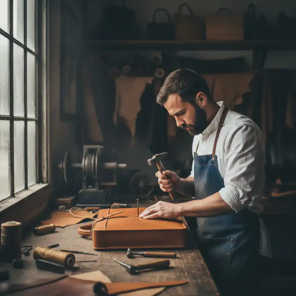 Artisan working on a leather brief in the studio