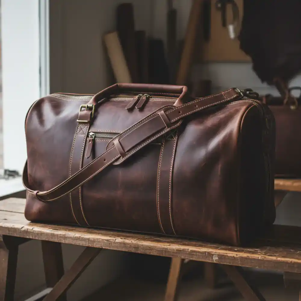 Premium dark brown leather duffel bag