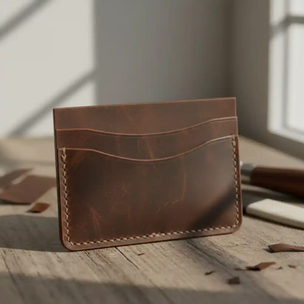 Hand-stitched leather bifold wallet on dark surface