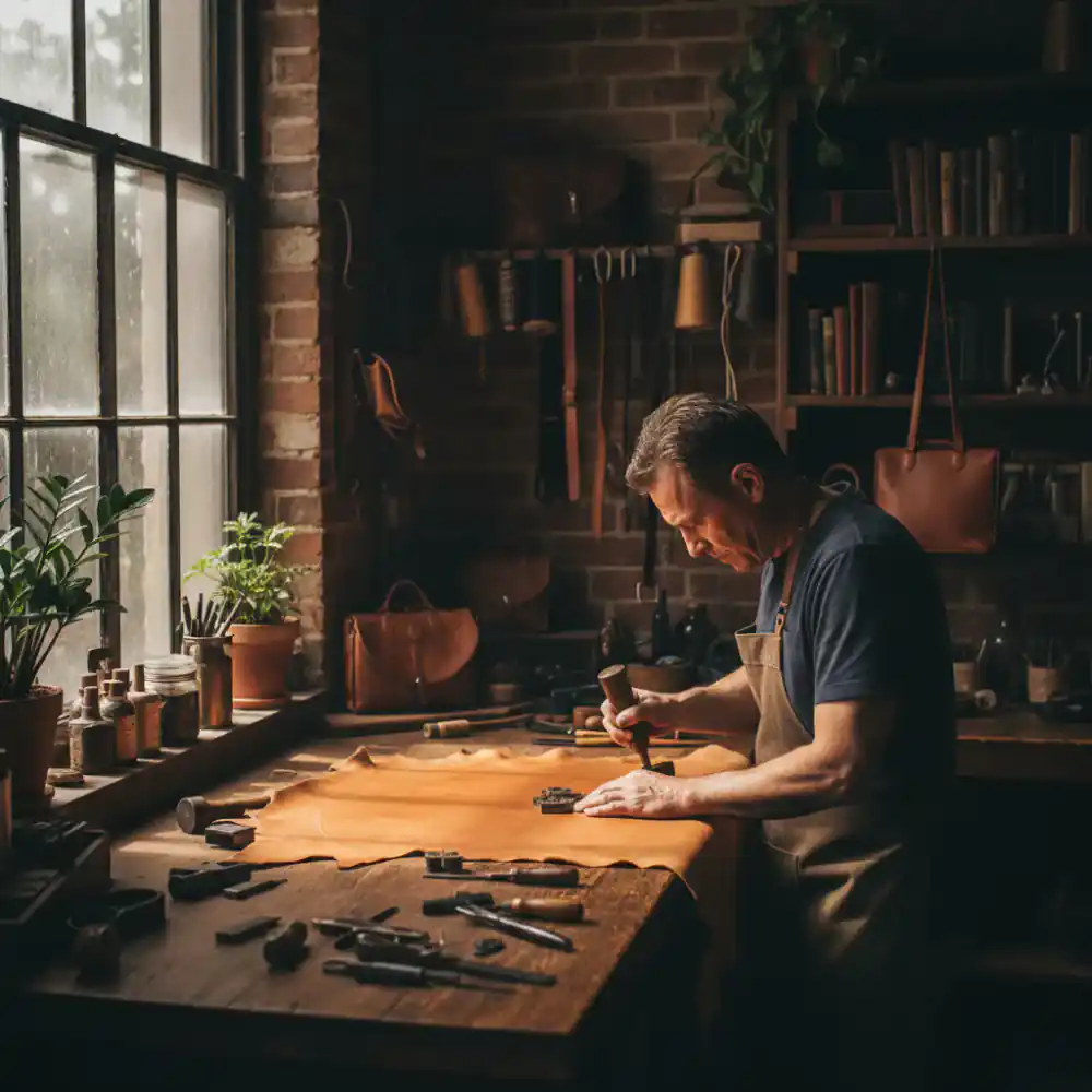 Craftsman working with leather in the studio