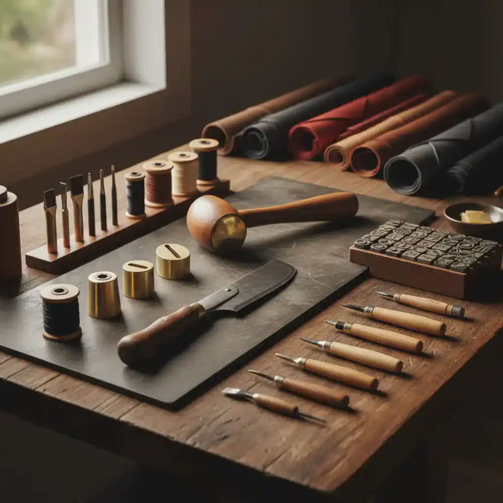 Artisan hands stitching a dark leather bag