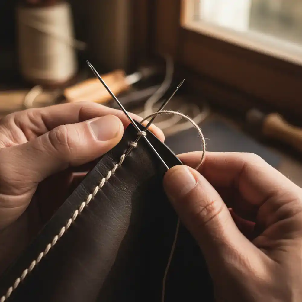Hand stitching leather with two needles