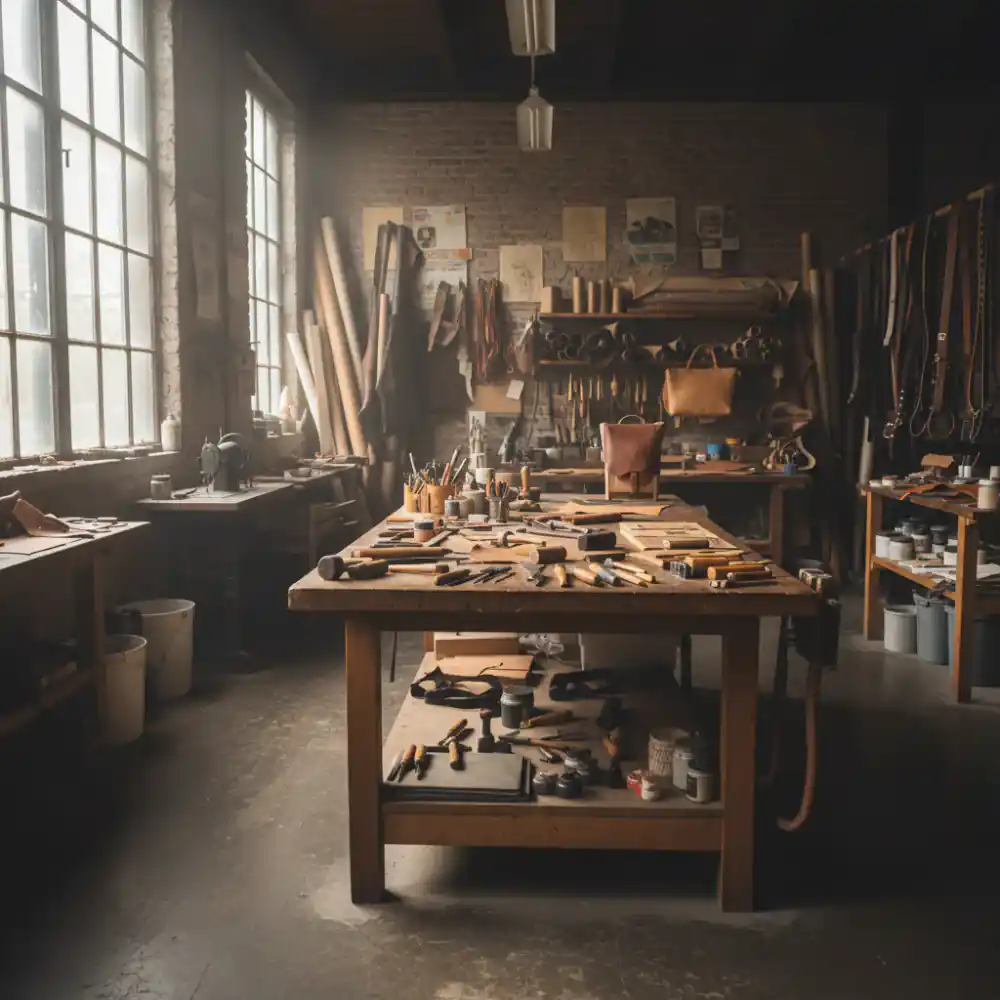 A wide view of the artisan studio with tools and unfinished leather