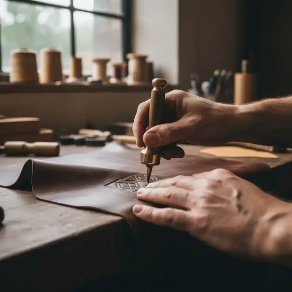 Artisan hands marking a piece of premium dark leather