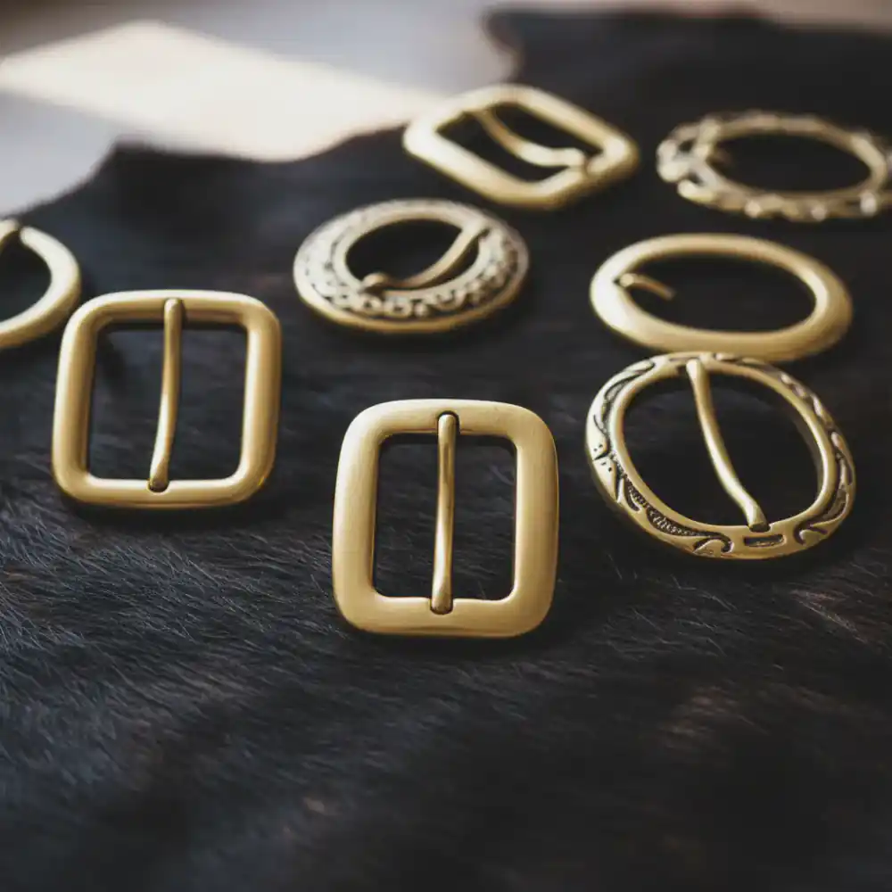 Solid brass buckles resting on a dark hide