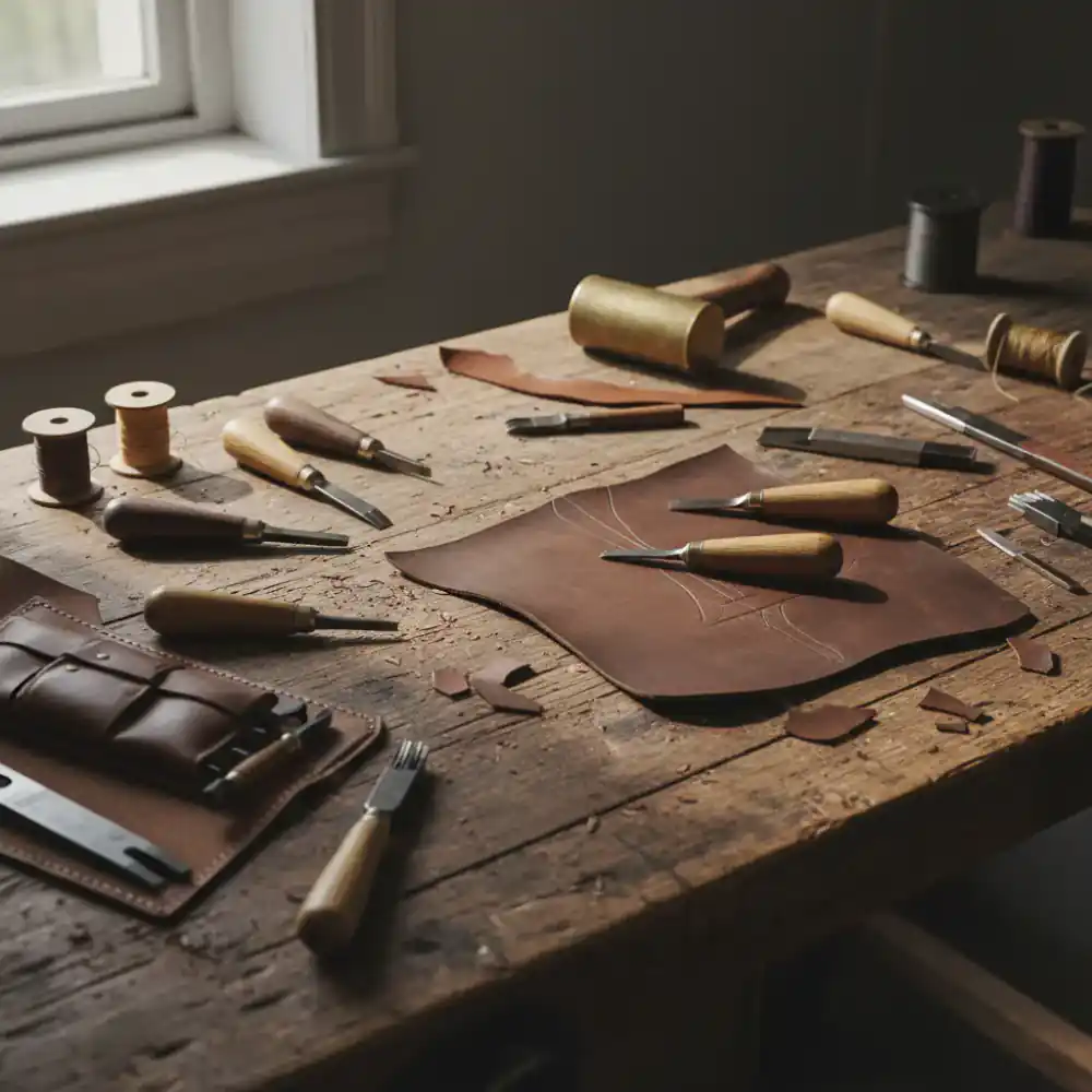 Vintage wooden workbench with scattered leather cutting tools