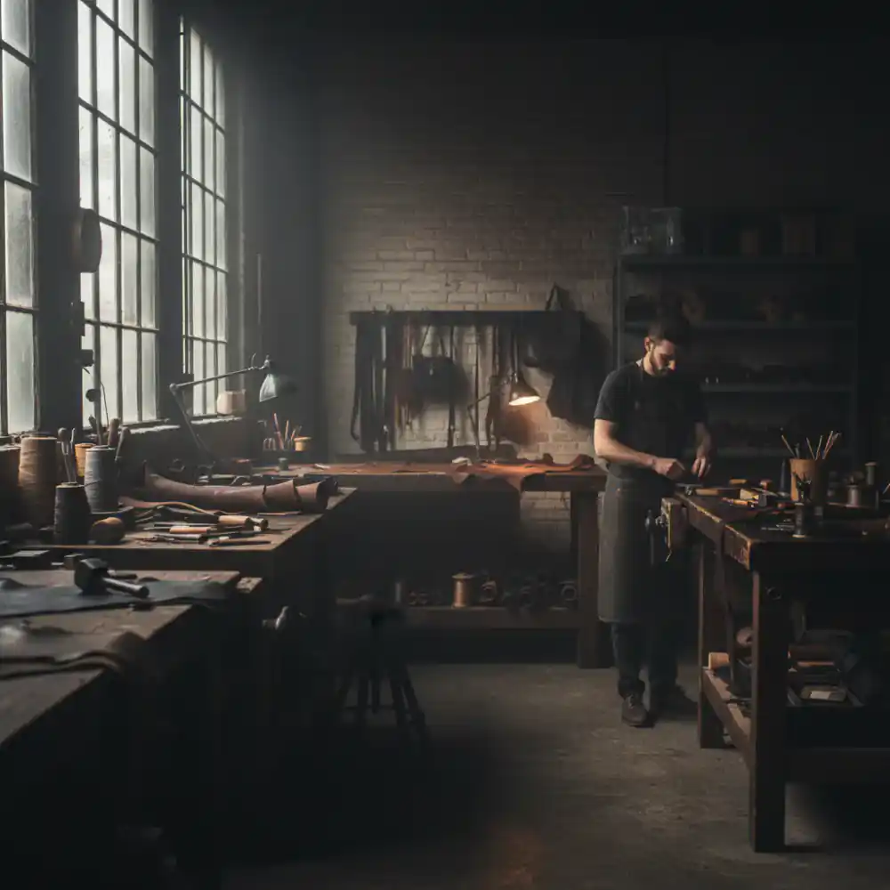 Dark, atmospheric view of the HideWork Studio workshop