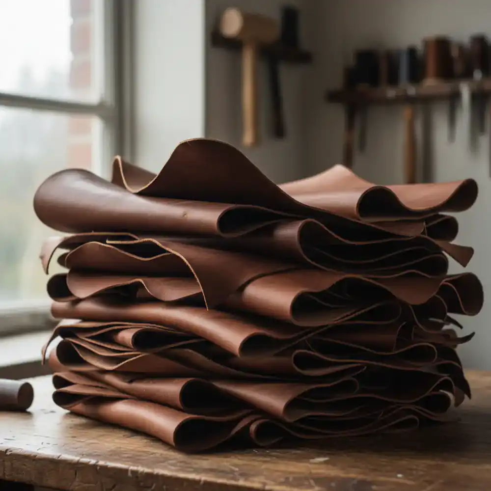 Stack of natural veg-tan leather hides