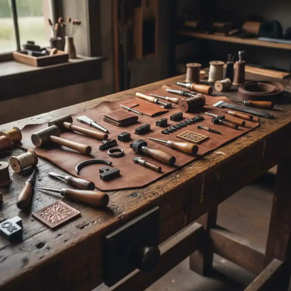 Heavy oak workbench covered in leather working tools
