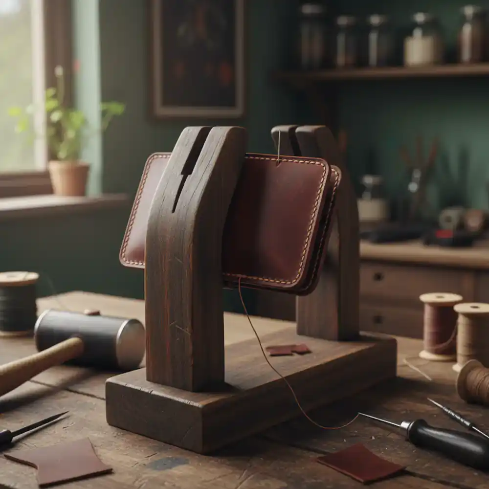 Wooden stitching pony holding a leather wallet