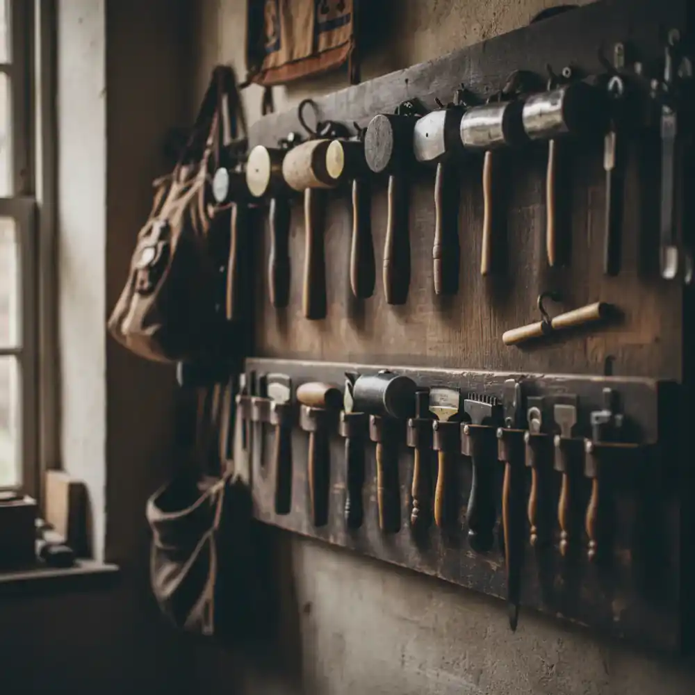 Wall-mounted leather working tools and mallets